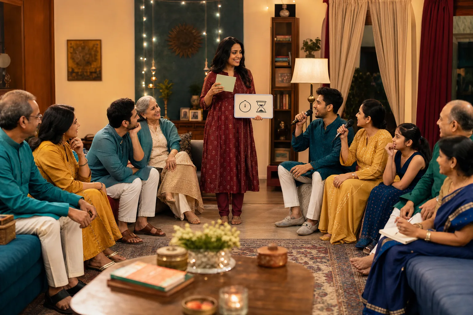 Mixed-age Antakshari teams playing with a host, visible turn cards and comfortable seated participation