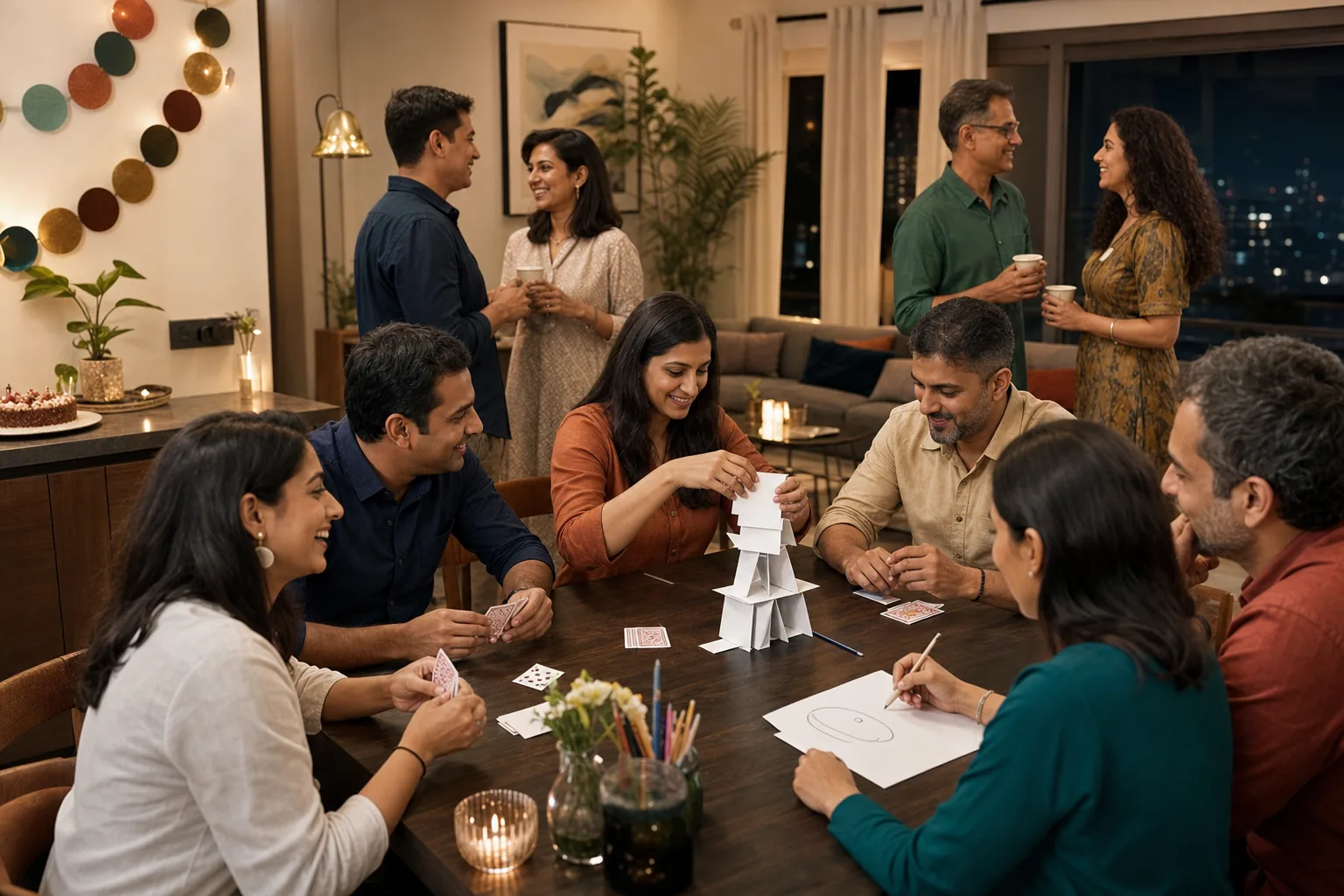 Adults enjoying relaxed birthday party games at tables and in small teams without embarrassing challenges