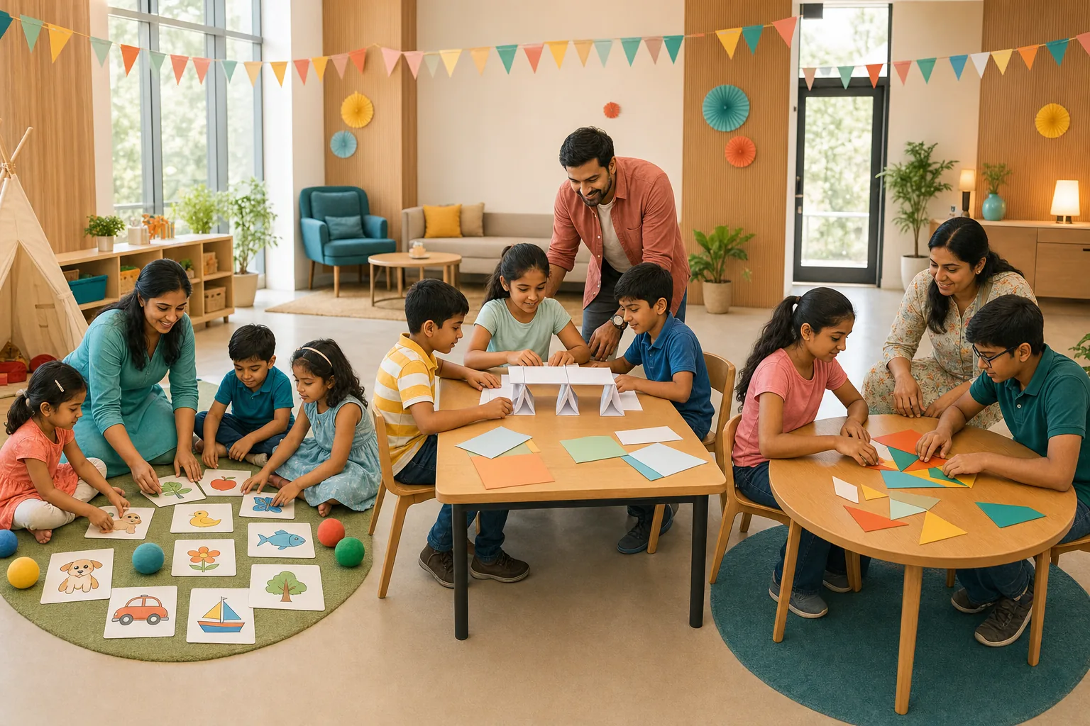 Supervised children enjoying age-appropriate birthday games in clearly separated calm, creative and active play zones
