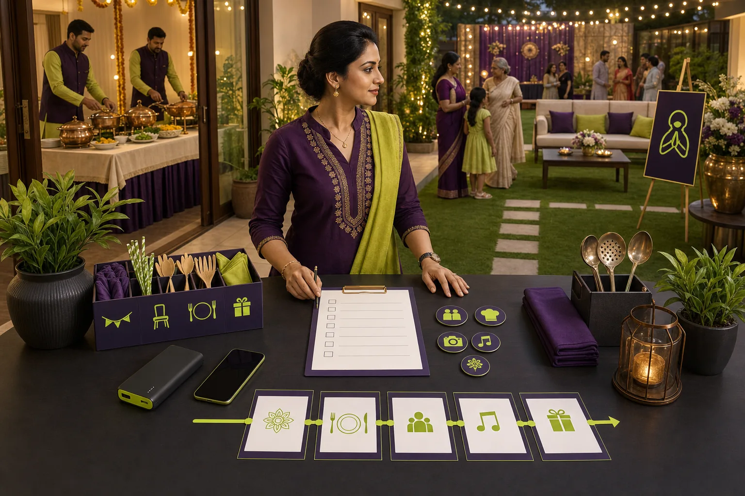 Organized Indian party host at a command station with checklist, phone, vendor notes, event timeline, labelled supplies and guest welcome area