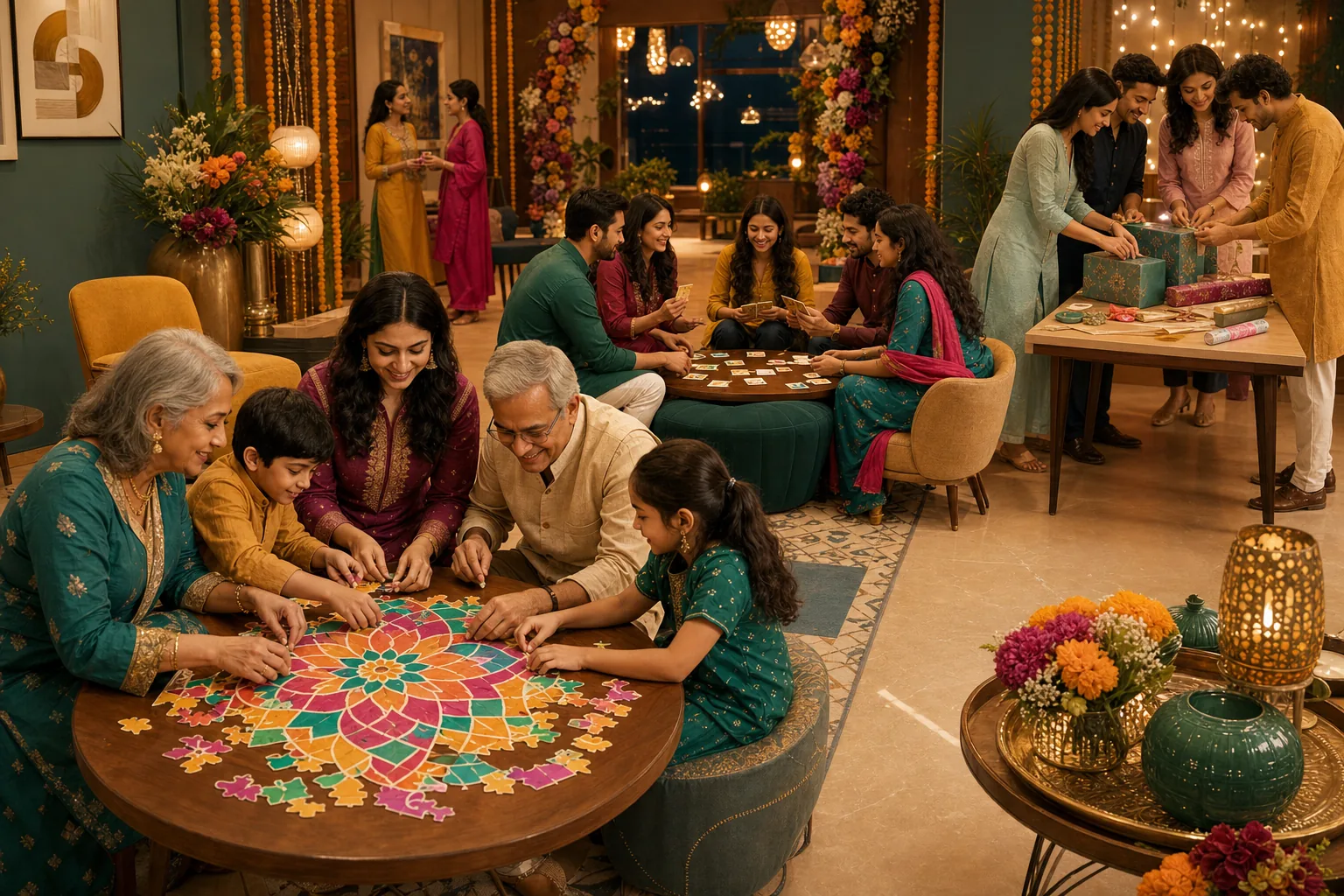 Family, friends and colleagues enjoying respectful Diwali table, team and creative games in a warmly decorated indoor venue