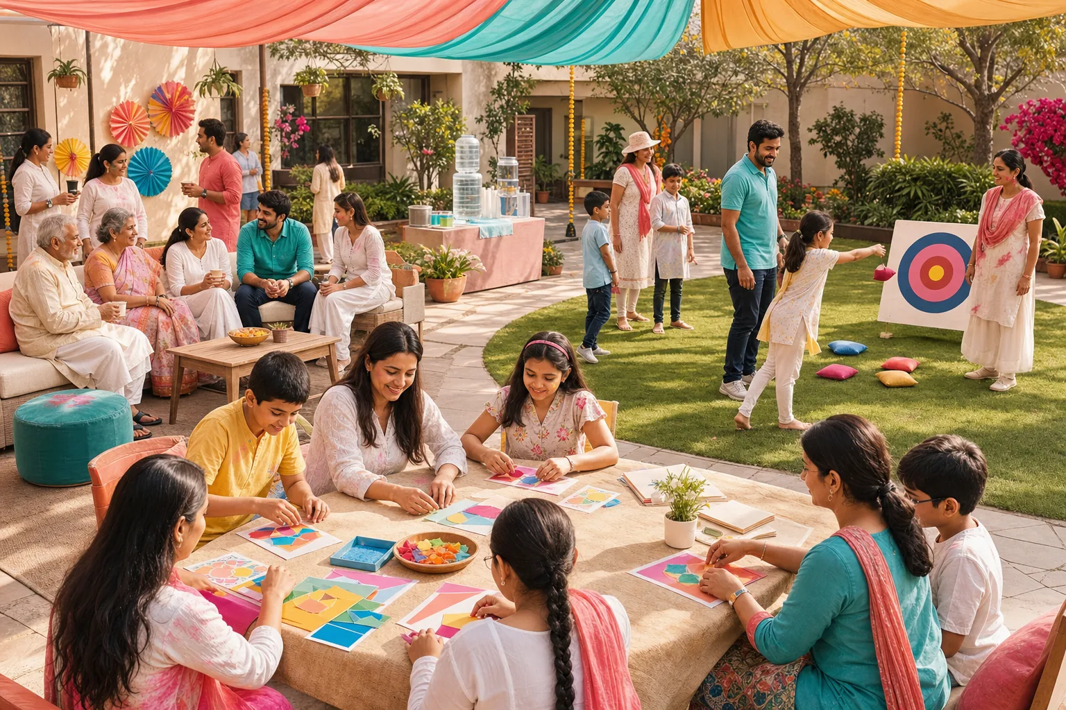 Supervised Holi gathering with water-free team games, colour-themed cards and clearly marked quiet and active activity zones