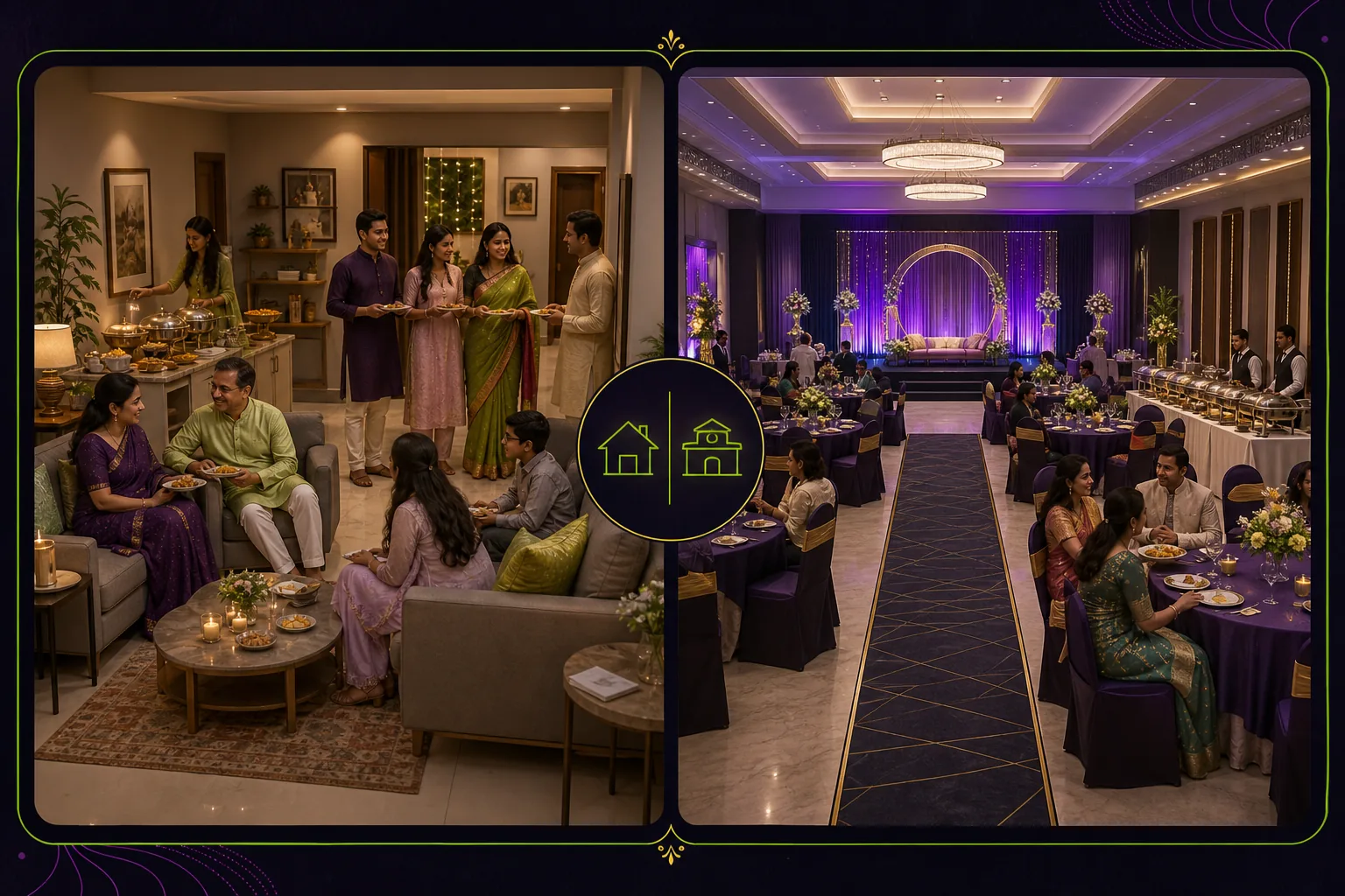 Split comparison showing an intimate premium home party and a well-planned banquet hall with seating, buffet and activity areas