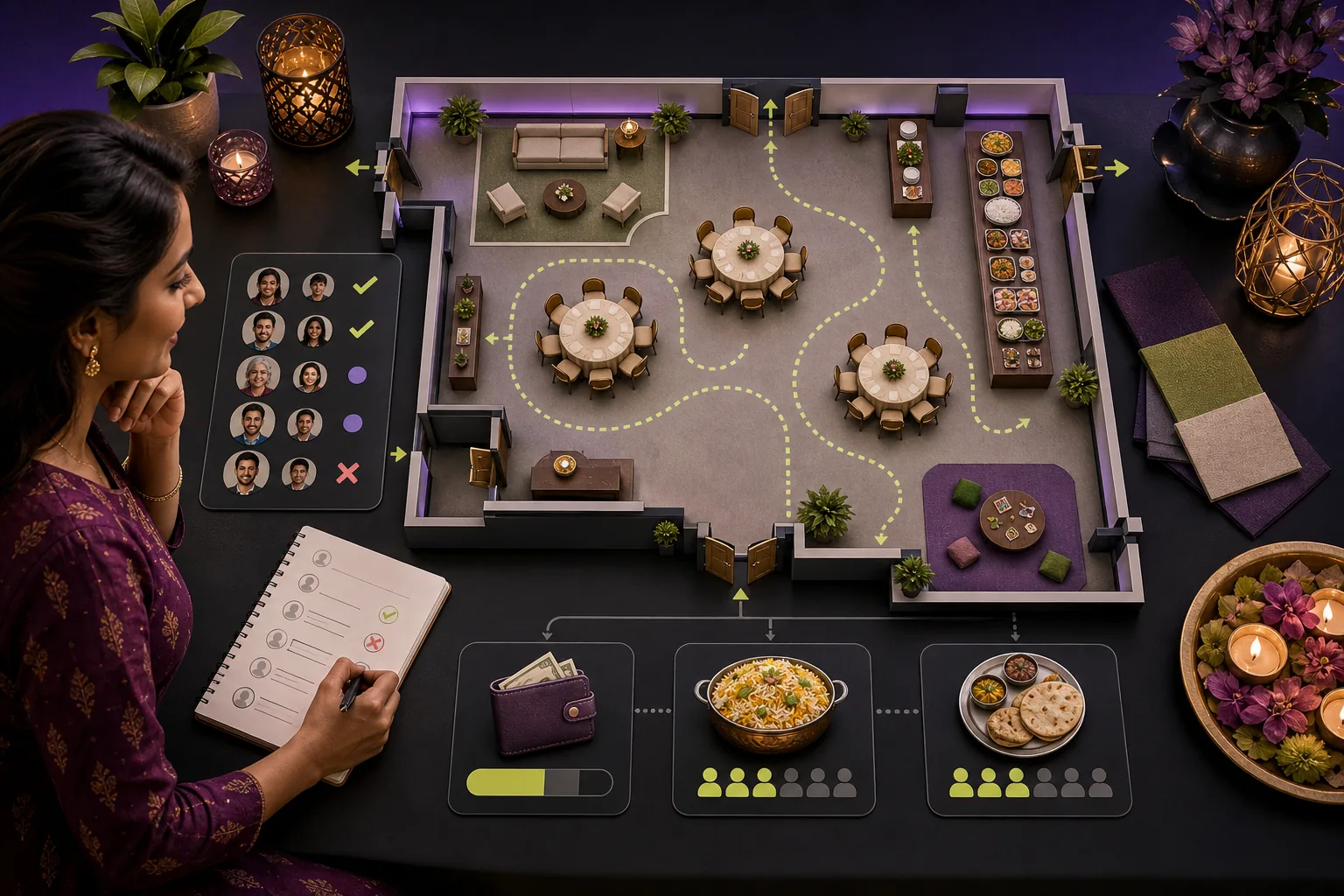Party host comparing a guest list with room capacity, seating, buffet space and a clear planning checklist