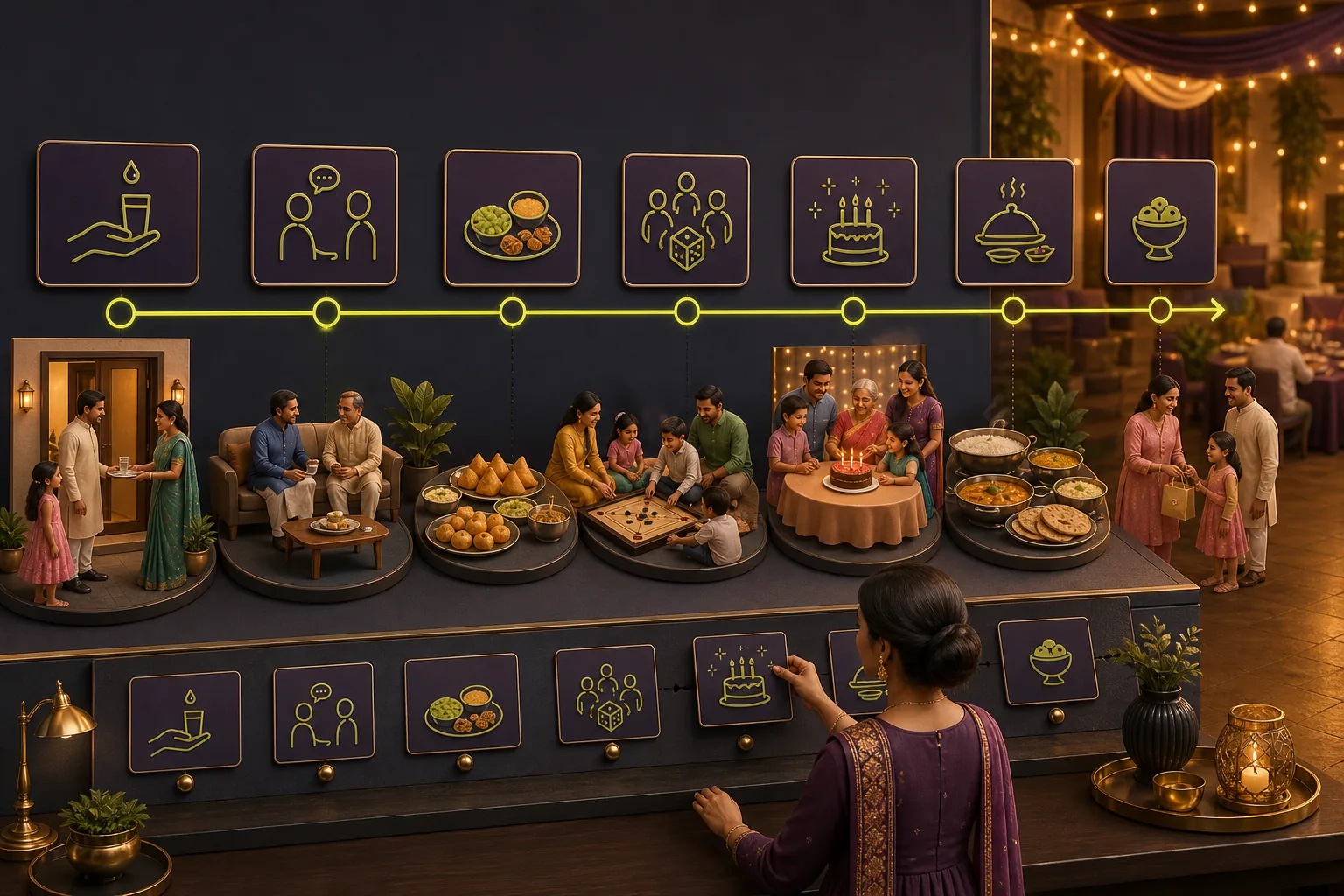 Visual party timeline showing guest arrival, welcome, food, games, celebration moment, dessert and a calm closing flow