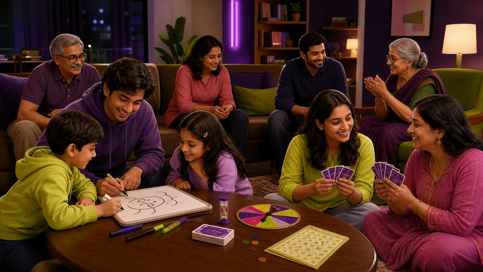 Multigenerational Indian family enjoying drawing, cards, a spinner and Tambola together in a living room