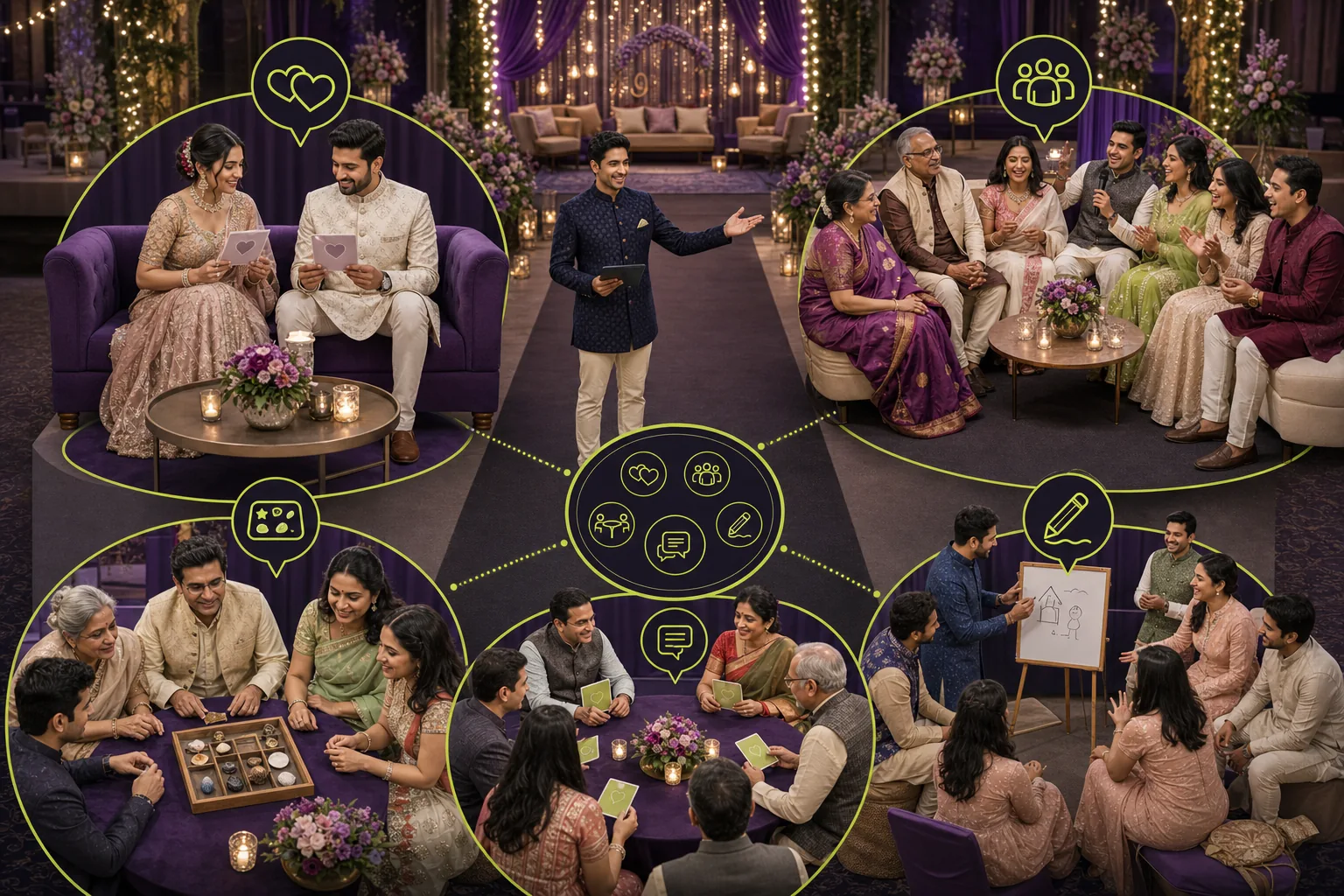 Indian wedding guests and families enjoying organized couple, table and team games across clearly separated activity zones