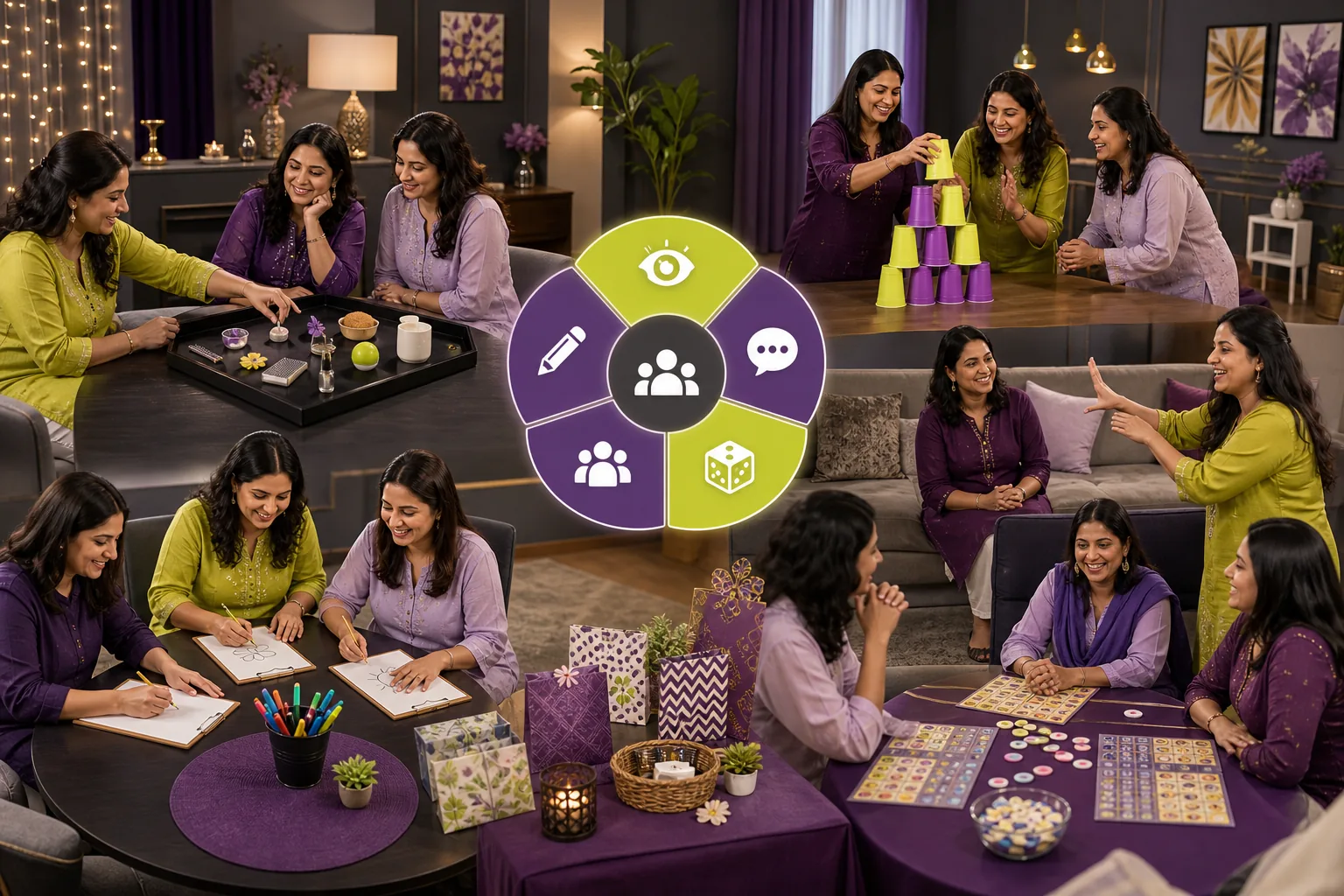 Indian kitty party group enjoying organized seated, team and tabletop games with simple materials and a colourful game selector