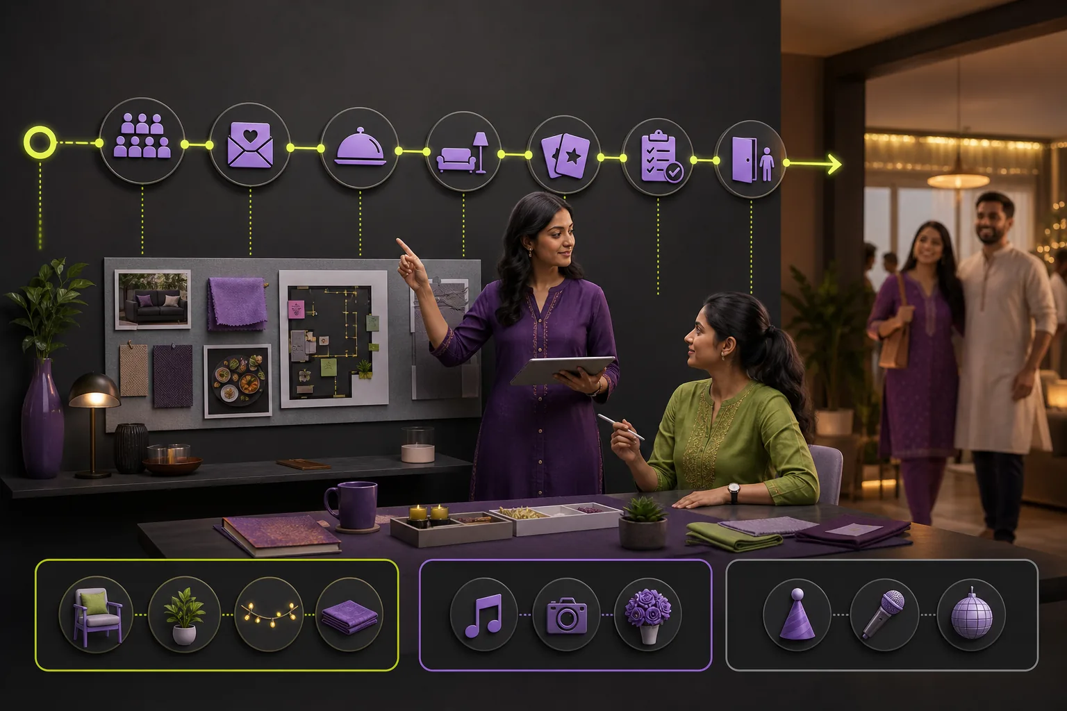 Calm Indian party host using a 48-hour visual countdown board with guest, food, room setup, game and closing task zones