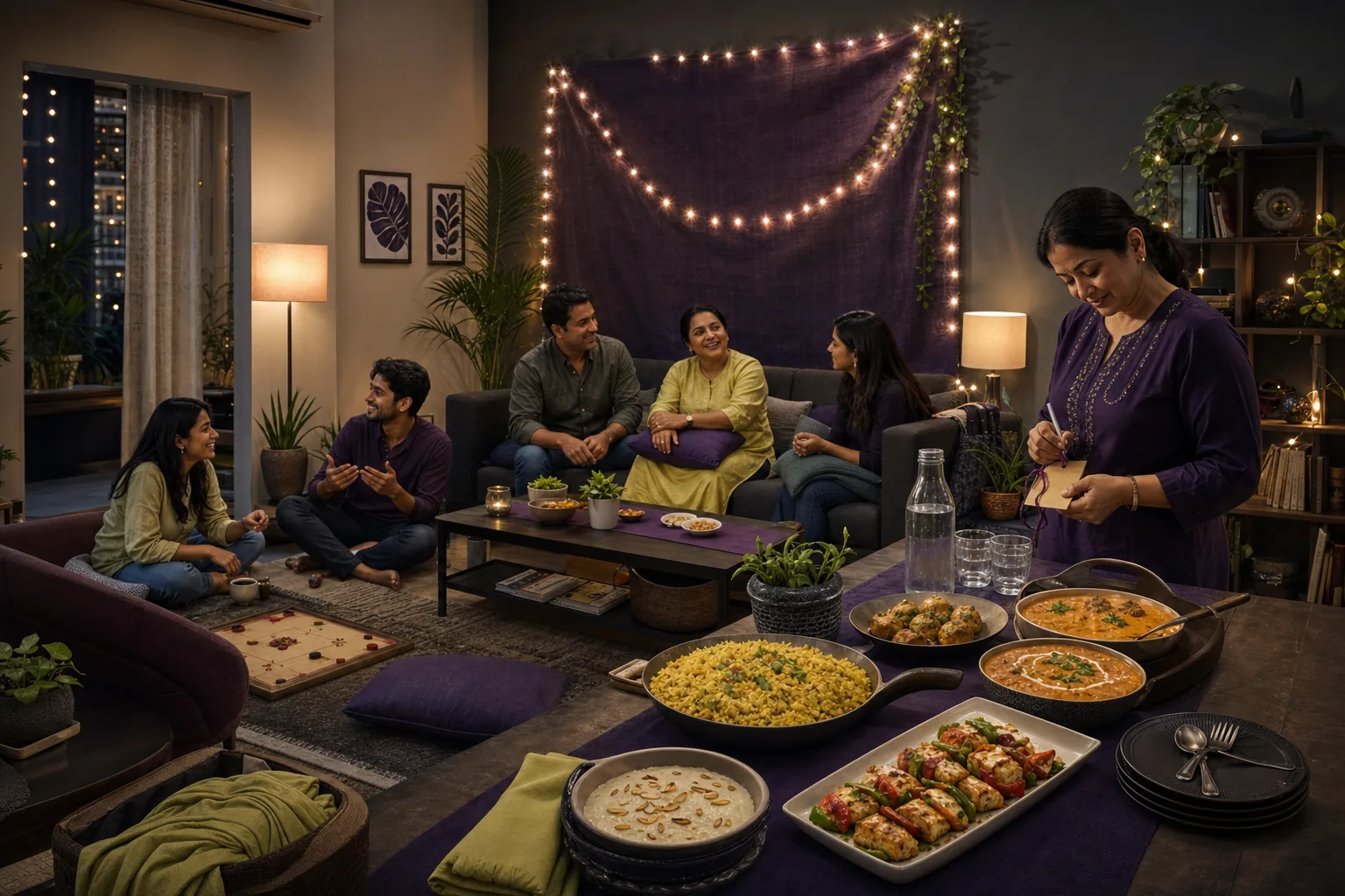 Thoughtful low-budget Indian home party with warm lighting, simple reusable decor, focused buffet, handmade details and happy guests