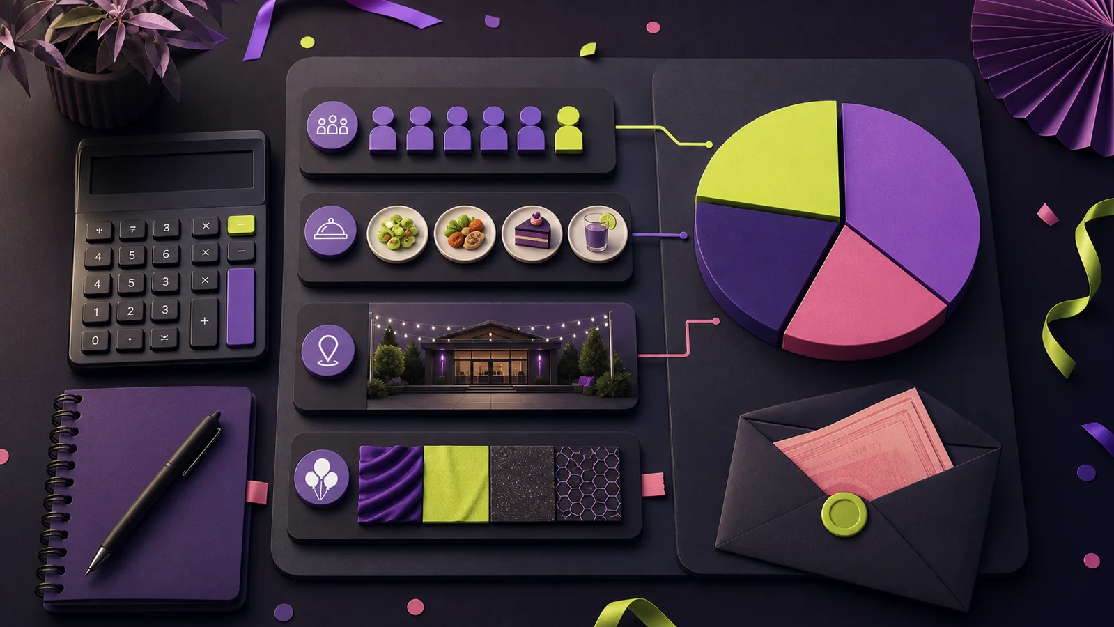 Party budget planning layout with calculator, guest count, food, venue, décor samples, pie chart and contingency envelope