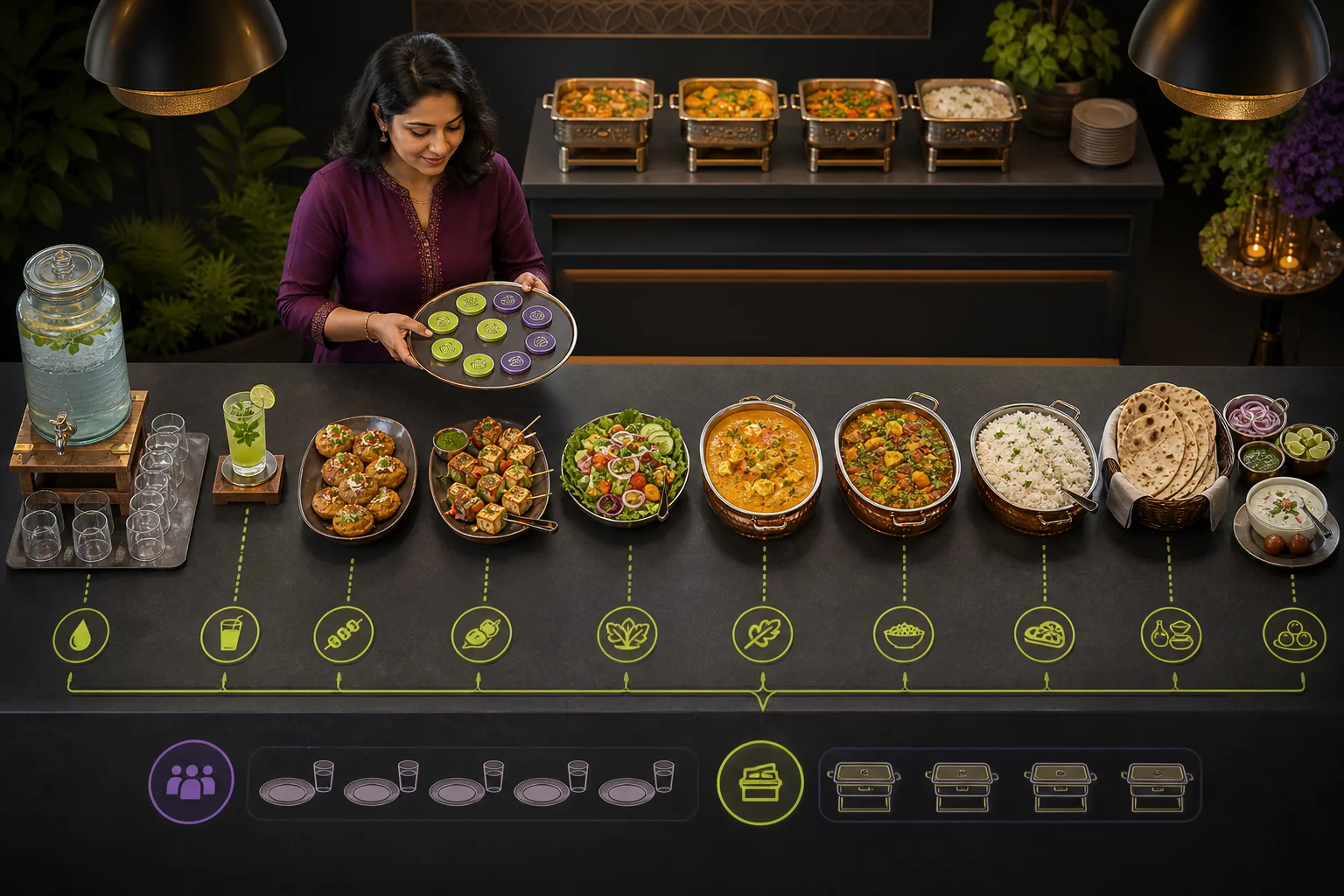 Balanced Indian party buffet with clearly organized starters, mains, breads, rice, dessert, drinks and a host planning portions