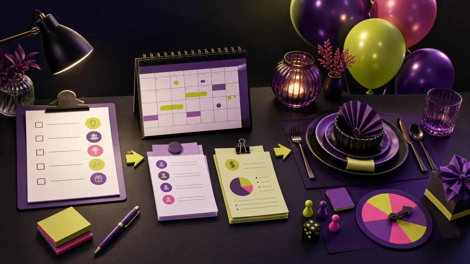 Organized party planning desk with checklist, calendar, guest cards, budget chart, table setting and game wheel
