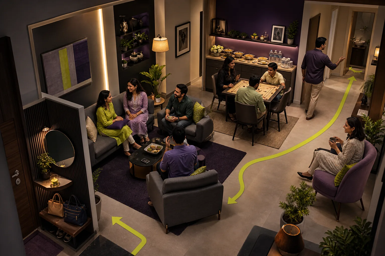 Compact Indian apartment arranged into clear welcome, seating, buffet, game and quiet zones for a comfortable small party