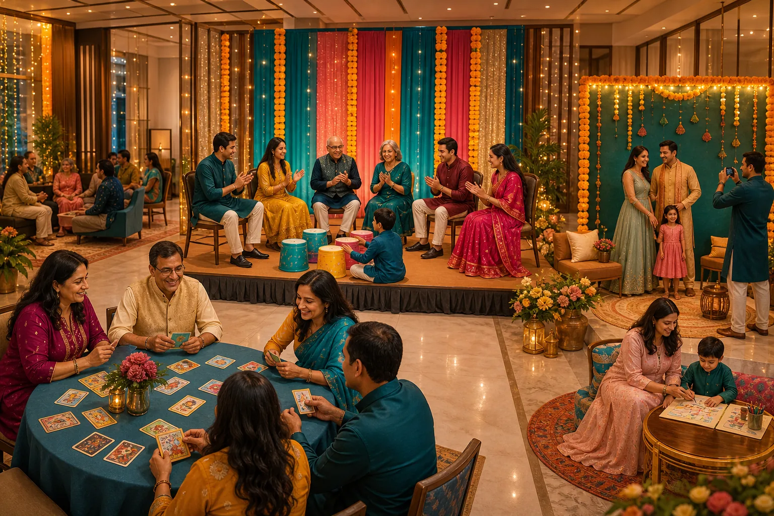 Indian families enjoying inclusive Sangeet games in separate stage, table and low-pressure participation zones
