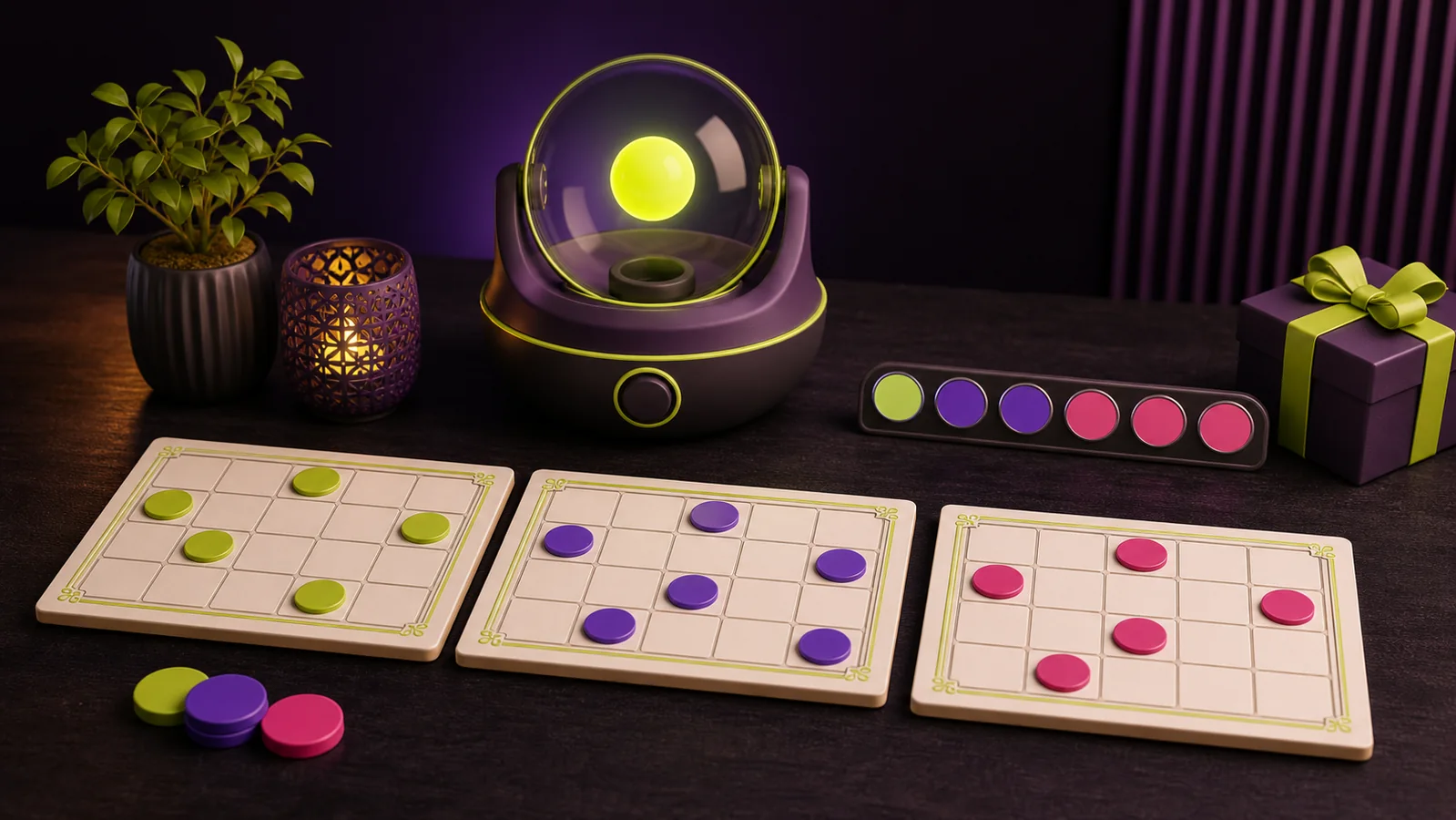 Tambola setup with blank ticket grids, colored markers, an abstract caller ball, history circles and a prize box