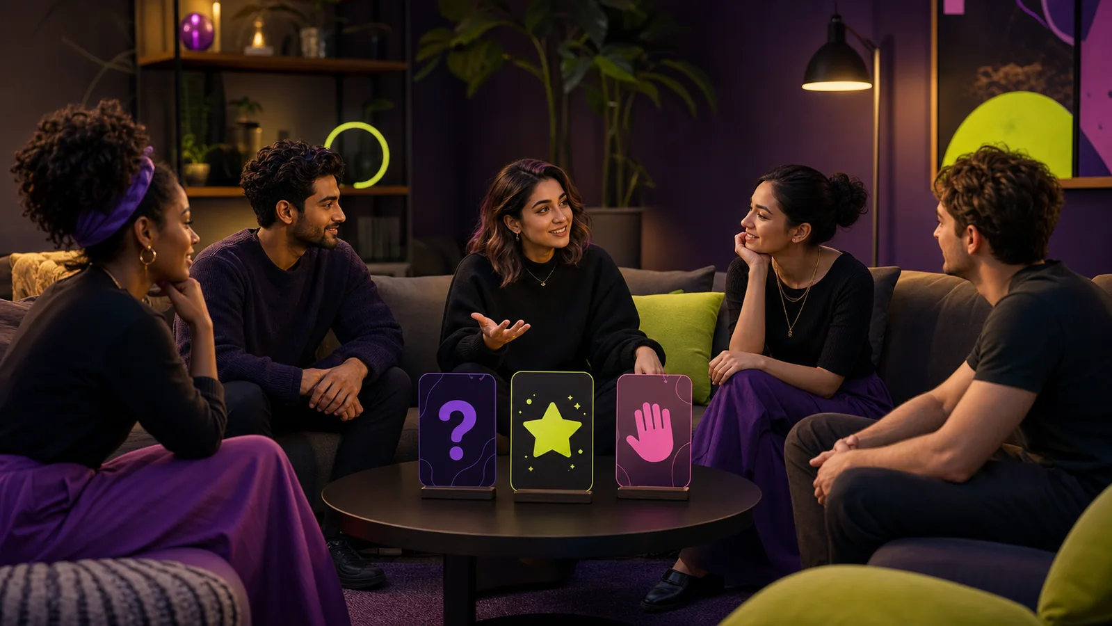 Friends seated comfortably around respectful prompt cards showing question, playful challenge and pass icons