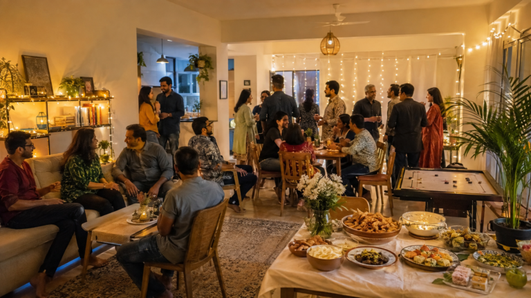 Friends and family enjoying a practical low-budget home party with simple food, lights and games